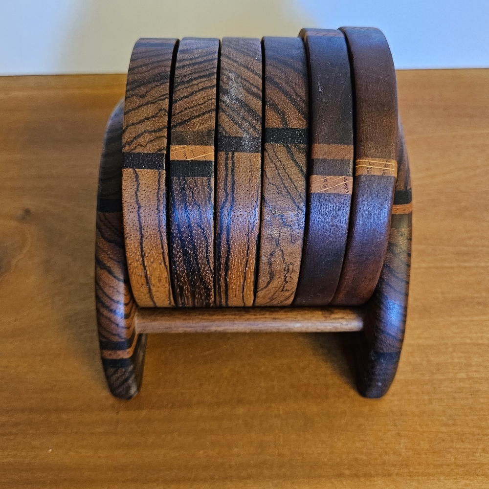 SET #1 Vintage Wood and Cork Coaster Set set of 6 with holder
